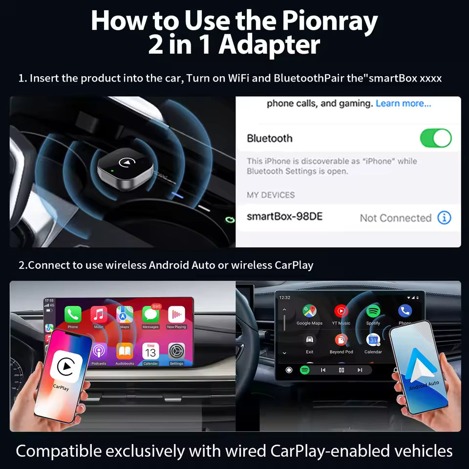 2 in 1 Wireless CarPlay Adapter&Android Auto Wireless Adapter, 5Ghz WiFi Type-C/USB Plug Play CarPlay Wireless - gizmoo
