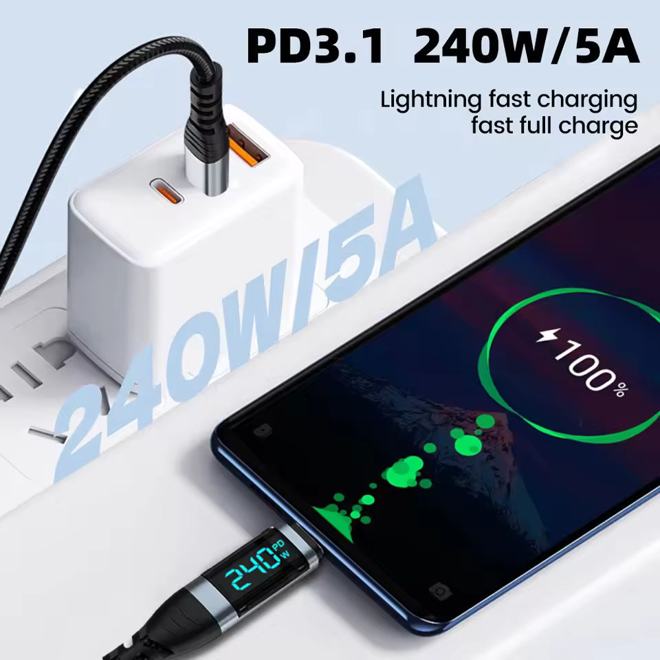 240W Type C to Type C Super Charge Digital Display Cable 2m USB C Data Cable - gizmoo