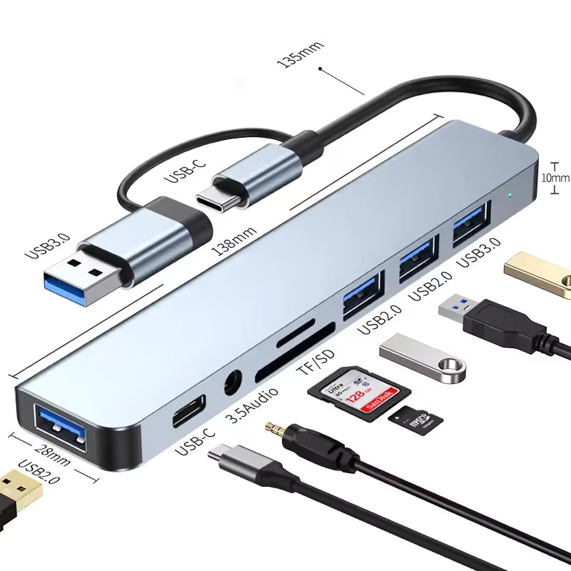 8 in 2 USB +Type C Slim HUB  with 3.5mm Audio Jack Adapter Micro SD Card Reader Laptop Tablet Phone - gizmoo