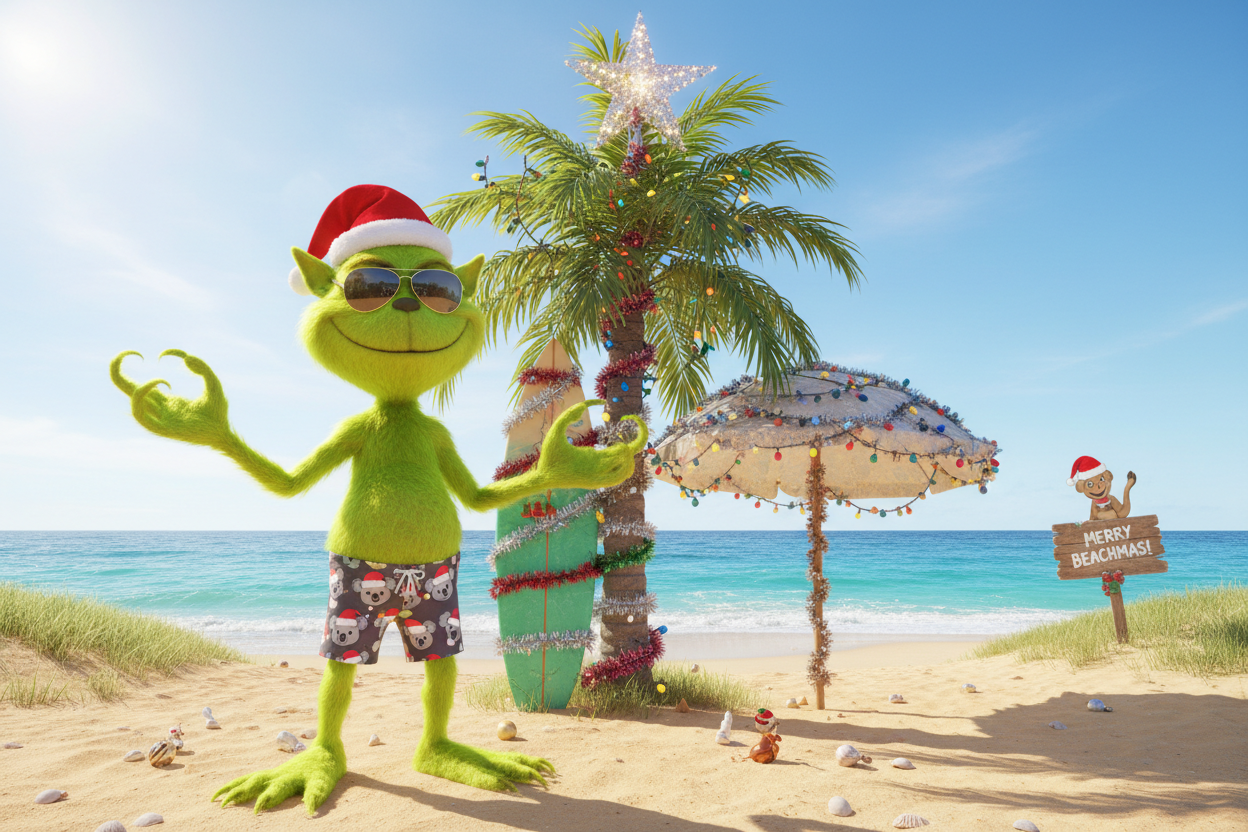 friendly green ogre grinch like humanoid at the beach in Australia for Christmas